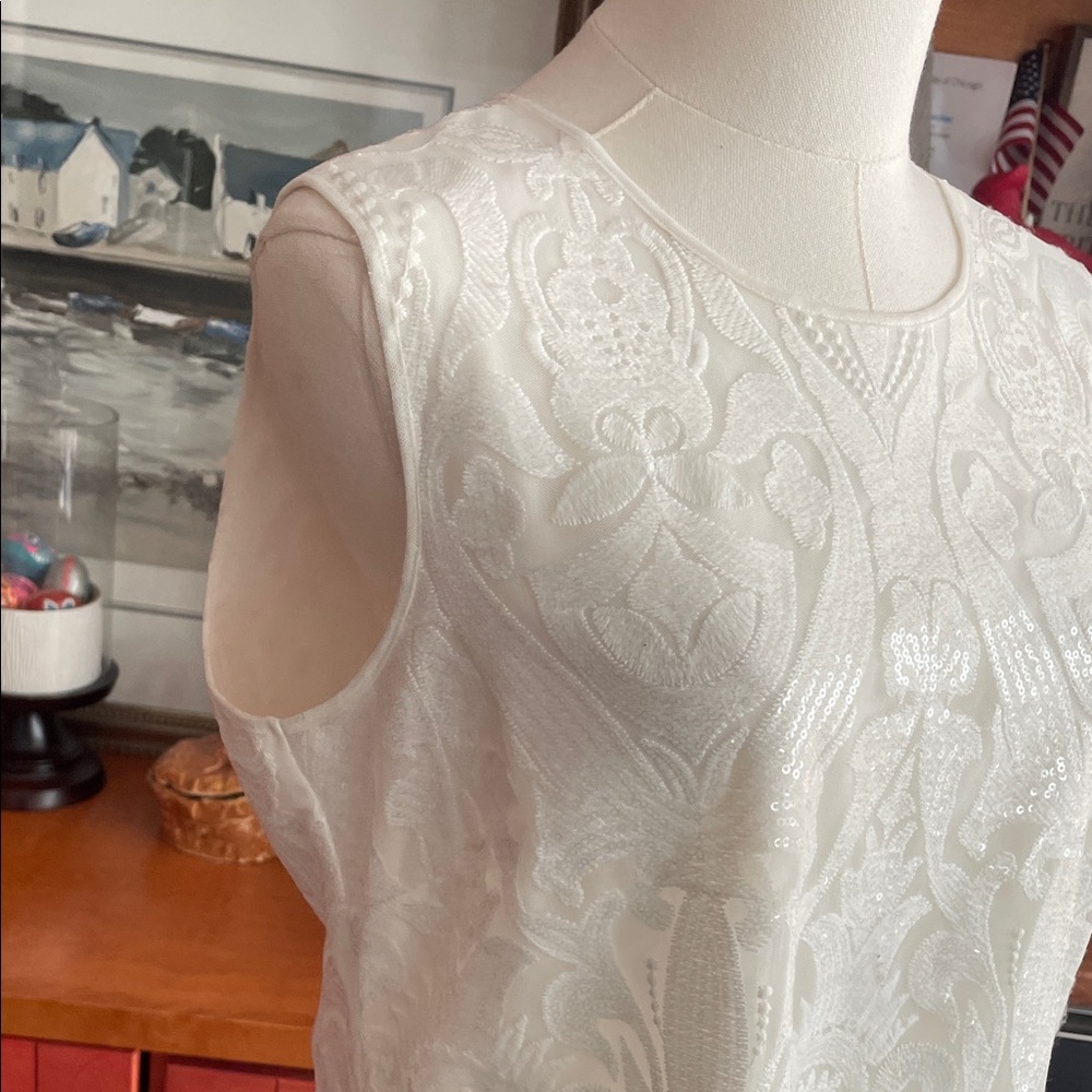 Melanie Lyne Holiday Elegant White Sleeveless Top Fringe Size 8 Party Sequin - Picture 6 of 13